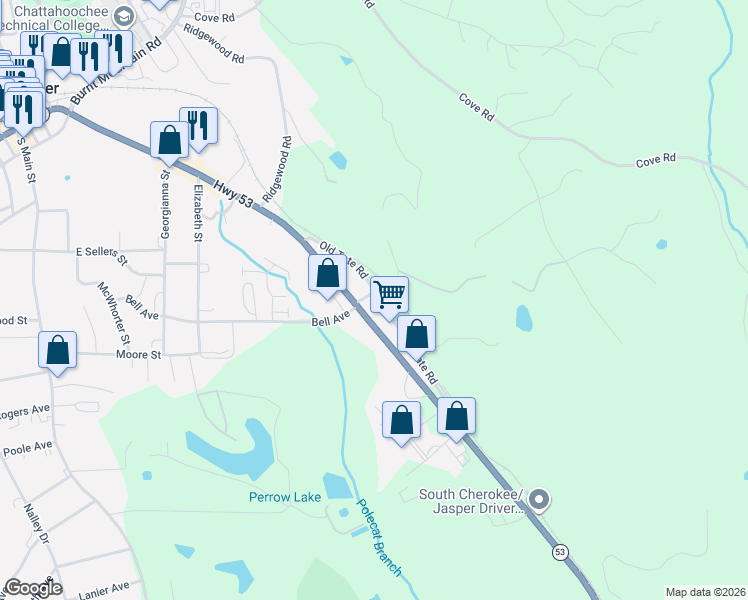 map of restaurants, bars, coffee shops, grocery stores, and more near 317 Old Tate Road in Jasper