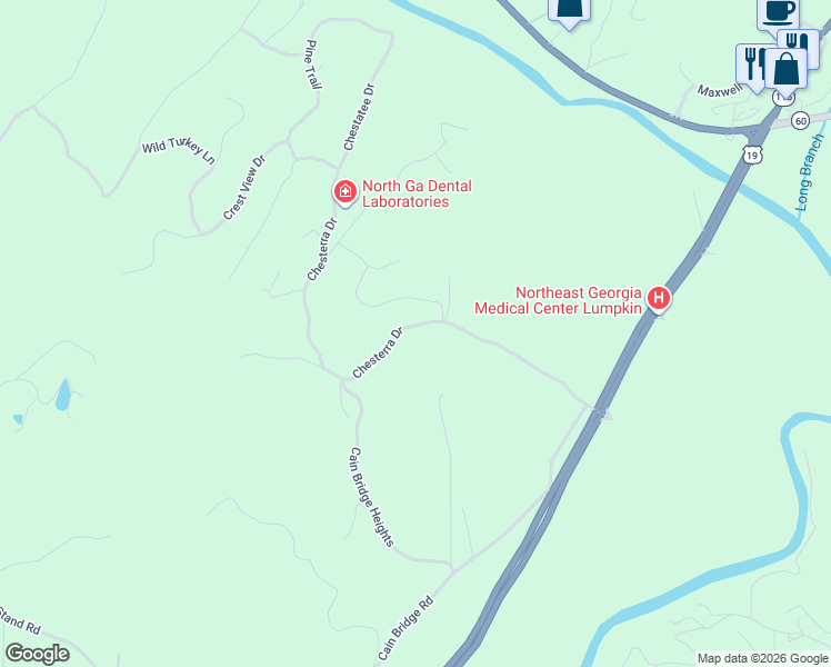 map of restaurants, bars, coffee shops, grocery stores, and more near 565 Chesterra Drive in Dahlonega