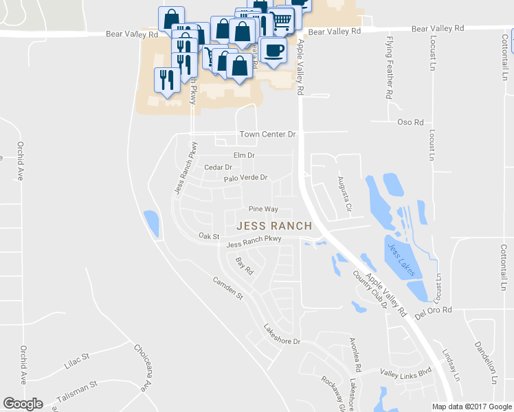map of restaurants, bars, coffee shops, grocery stores, and more near 19196 Pine Way in Apple Valley