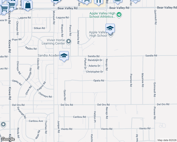 map of restaurants, bars, coffee shops, grocery stores, and more near 21621 Sandia Road in Apple Valley