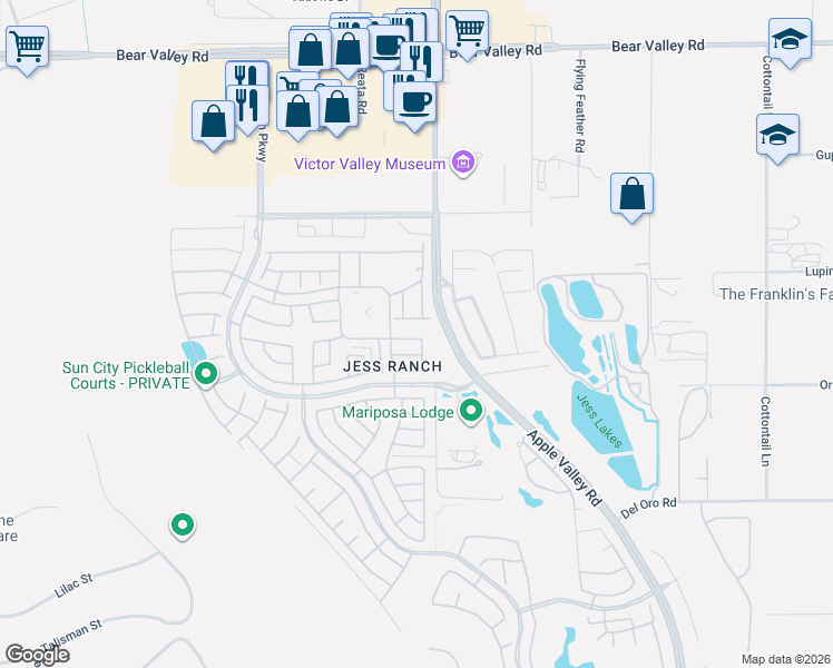 map of restaurants, bars, coffee shops, grocery stores, and more near 19269 Willow Drive in Apple Valley
