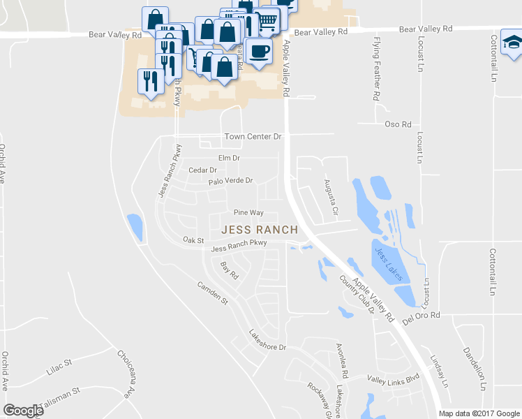 map of restaurants, bars, coffee shops, grocery stores, and more near 19261 Palo Verde Drive in Apple Valley