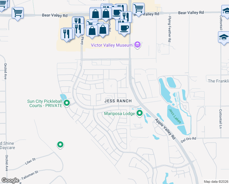 map of restaurants, bars, coffee shops, grocery stores, and more near 19261 Palo Verde Drive in Apple Valley