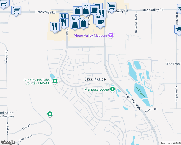 map of restaurants, bars, coffee shops, grocery stores, and more near 19261 Palo Verde Drive in Apple Valley