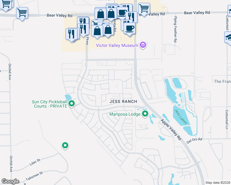 map of restaurants, bars, coffee shops, grocery stores, and more near 19261 Palo Verde Drive in Apple Valley