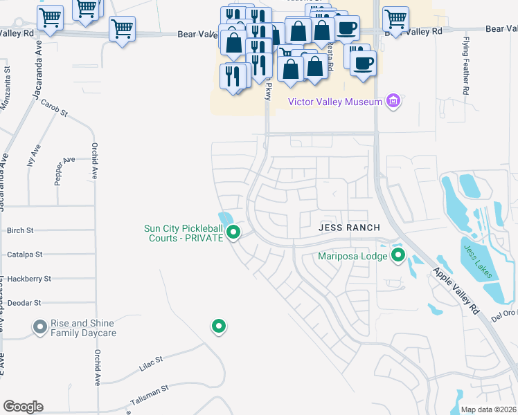 map of restaurants, bars, coffee shops, grocery stores, and more near 19016 Primrose Lane in Apple Valley
