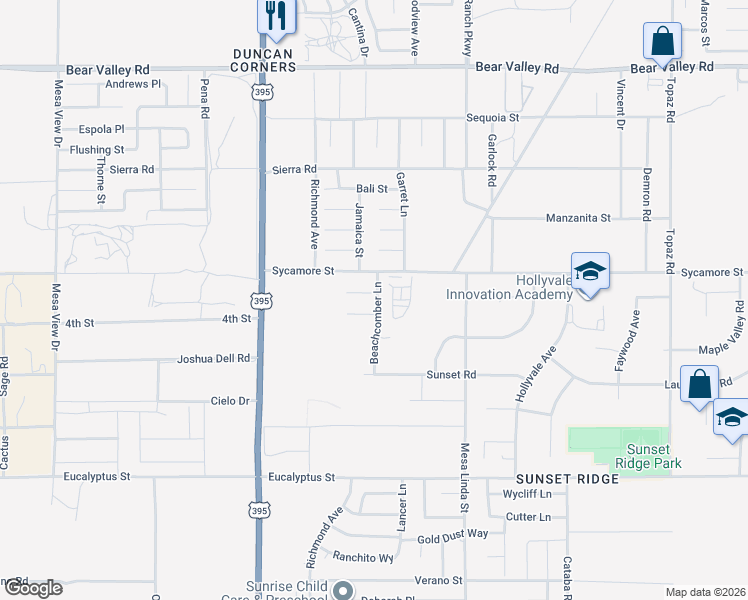 map of restaurants, bars, coffee shops, grocery stores, and more near 11671 Beachcomber Lane in Victorville