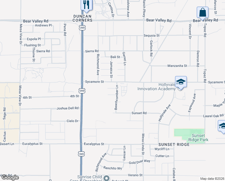 map of restaurants, bars, coffee shops, grocery stores, and more near 11671 Beachcomber Lane in Victorville