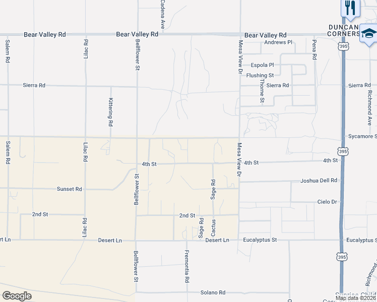 map of restaurants, bars, coffee shops, grocery stores, and more near 11471 del Rosa Road in Phelan