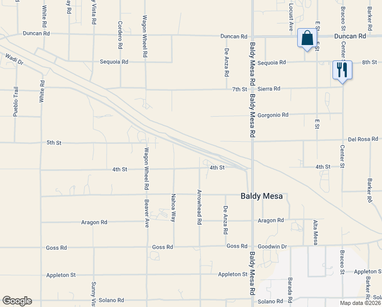map of restaurants, bars, coffee shops, grocery stores, and more near 11666 Arrowhead Road in Victorville