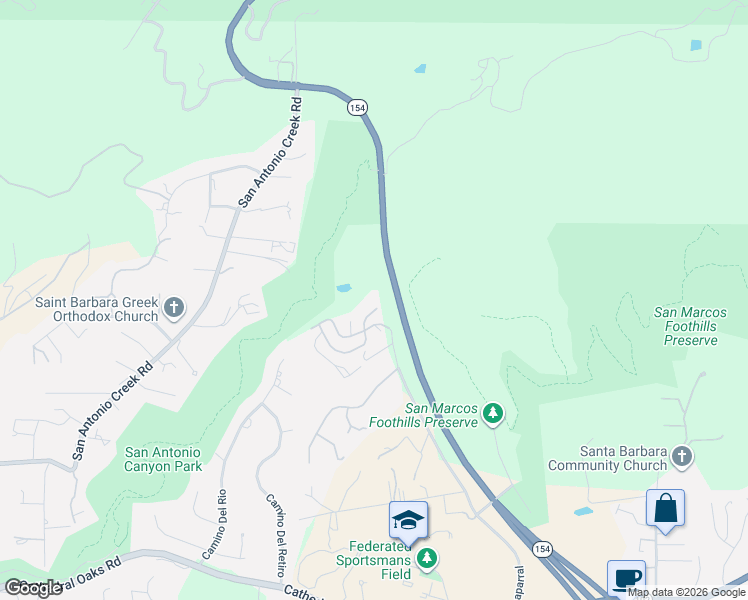 map of restaurants, bars, coffee shops, grocery stores, and more near 4400 Shadow Hills Circle in Santa Barbara