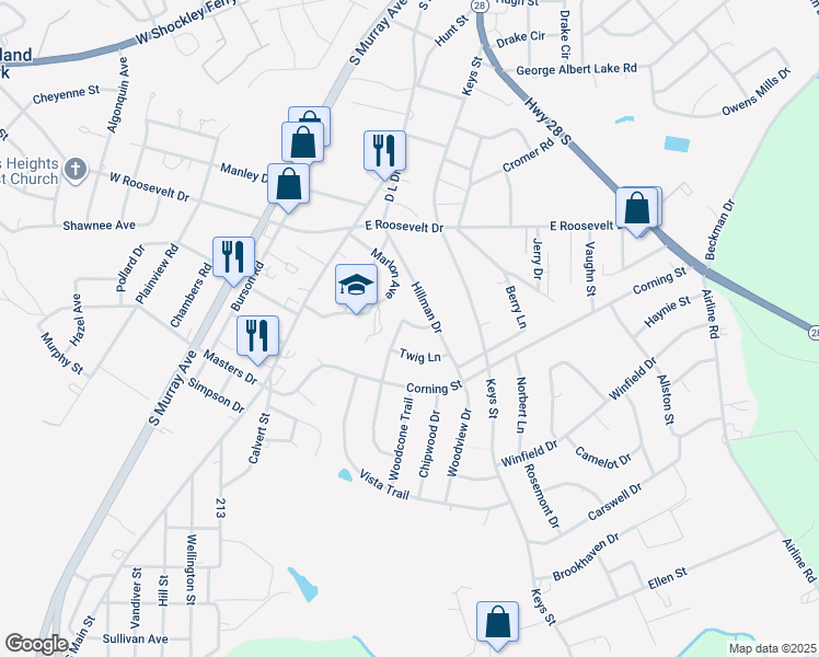 map of restaurants, bars, coffee shops, grocery stores, and more near 3204 Deerwood Trail in Anderson