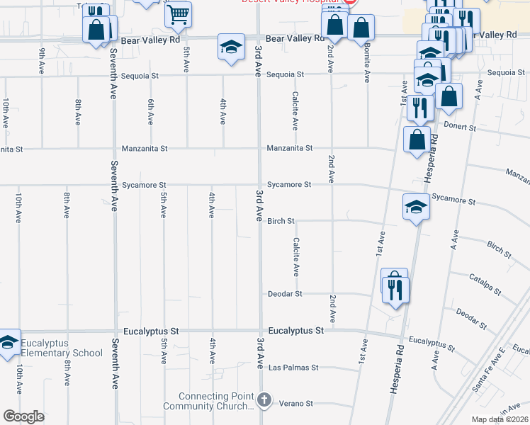 map of restaurants, bars, coffee shops, grocery stores, and more near 11615 3rd Avenue in Hesperia