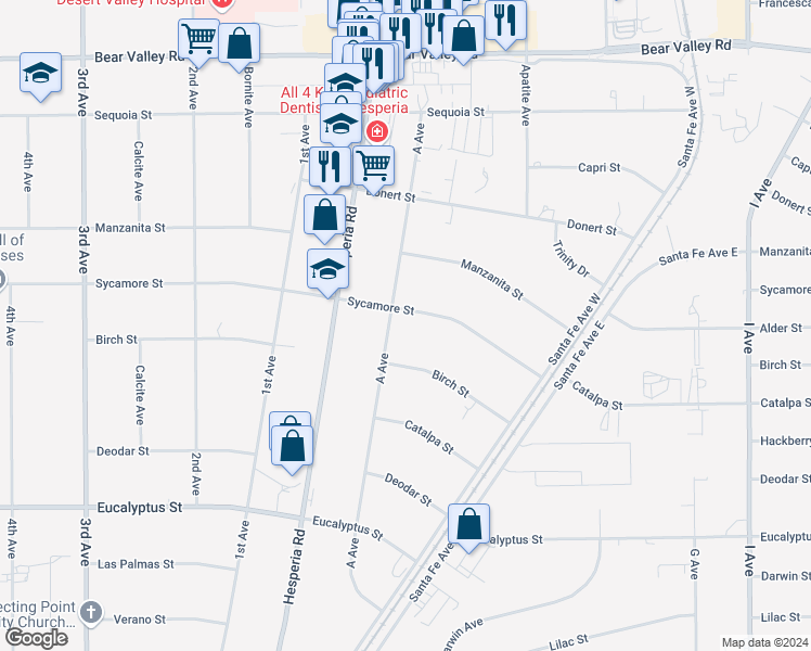 map of restaurants, bars, coffee shops, grocery stores, and more near 17079 Sycamore Street in Hesperia