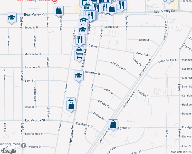 map of restaurants, bars, coffee shops, grocery stores, and more near 17063 Sycamore Street in Hesperia