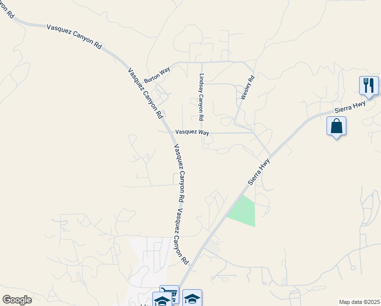 map of restaurants, bars, coffee shops, grocery stores, and more near 16501 Vasquez Canyon Road in Los Angeles County