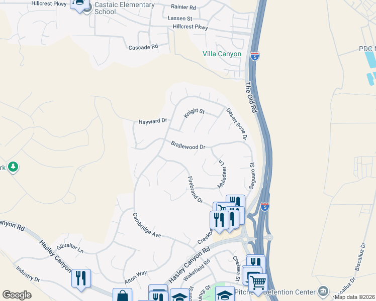 map of restaurants, bars, coffee shops, grocery stores, and more near 27922 Bridlewood Drive in Castaic