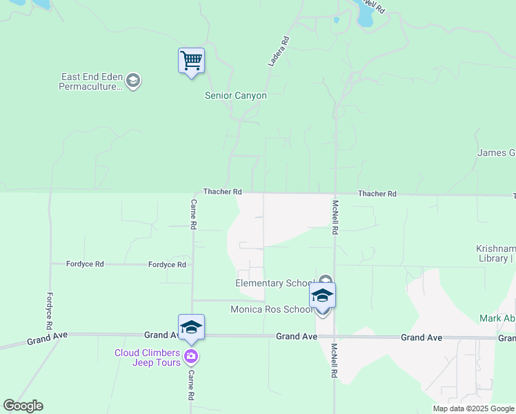 map of restaurants, bars, coffee shops, grocery stores, and more near 3396 Thacher Road in Ojai