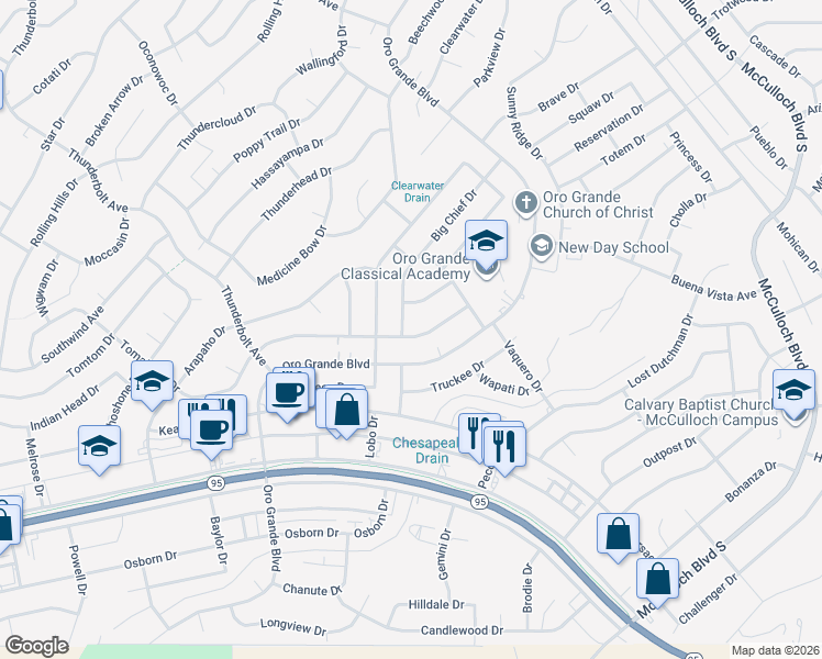 map of restaurants, bars, coffee shops, grocery stores, and more near 3400 Big Chief Drive in Lake Havasu City