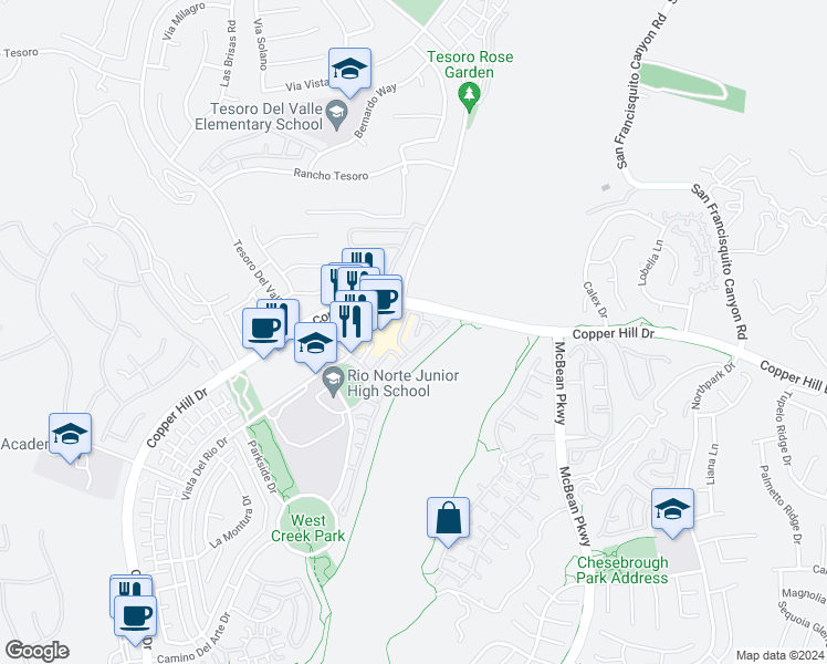 map of restaurants, bars, coffee shops, grocery stores, and more near 23808 Toscana Drive in Santa Clarita
