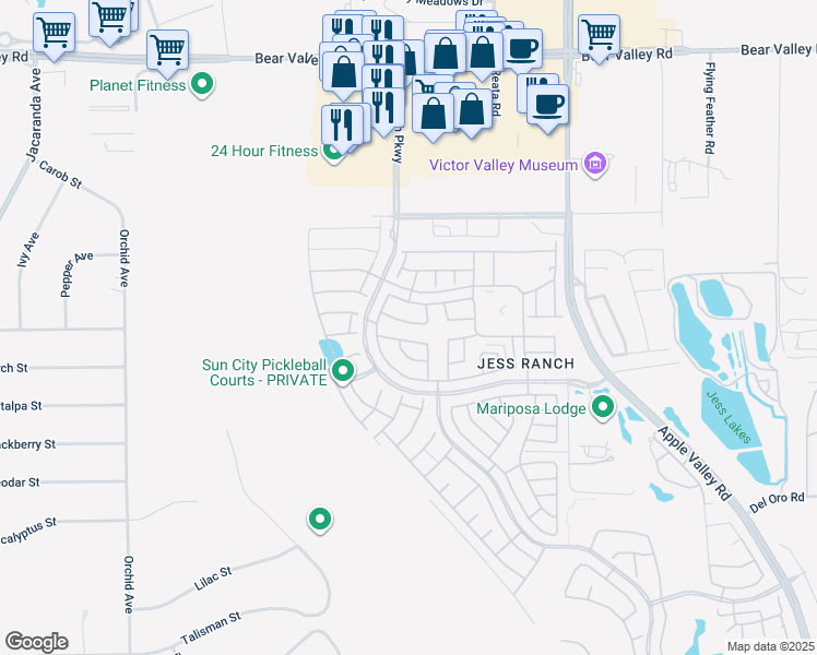 map of restaurants, bars, coffee shops, grocery stores, and more near 19041 Primrose Lane in Apple Valley
