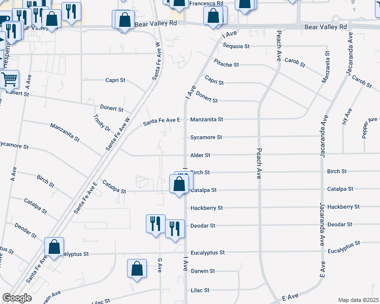map of restaurants, bars, coffee shops, grocery stores, and more near 17724 Alder Street in Hesperia