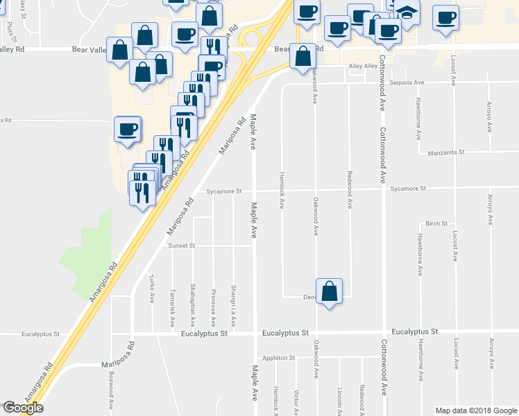 map of restaurants, bars, coffee shops, grocery stores, and more near 11651 Maple Avenue in Hesperia