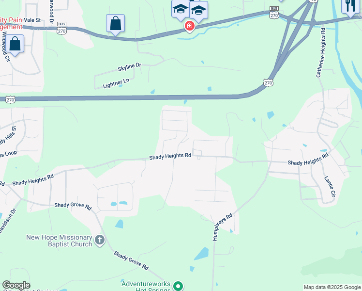 map of restaurants, bars, coffee shops, grocery stores, and more near 112 Clubhouse Circle in Garland County