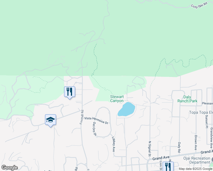 map of restaurants, bars, coffee shops, grocery stores, and more near 1220 Foothill Road in Ojai