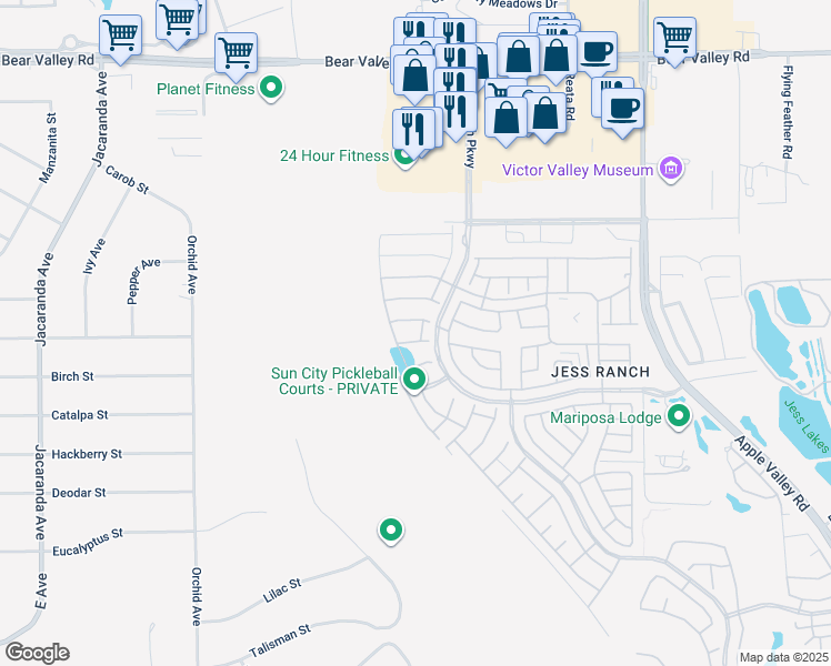 map of restaurants, bars, coffee shops, grocery stores, and more near 11594 Beryl St. in Apple Valley