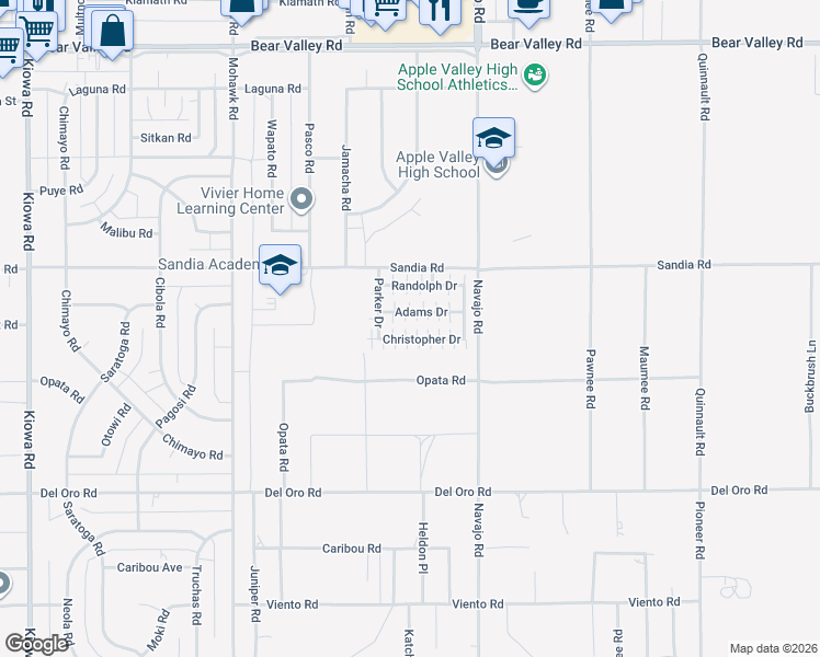 map of restaurants, bars, coffee shops, grocery stores, and more near 21621 Sandia Road in Apple Valley