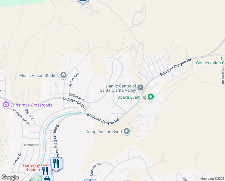 map of restaurants, bars, coffee shops, grocery stores, and more near 28808 Woodside Drive in Santa Clarita