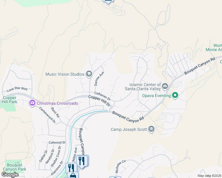 map of restaurants, bars, coffee shops, grocery stores, and more near 28741 Park Woodland Place in Santa Clarita