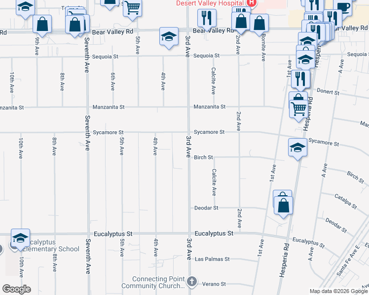 map of restaurants, bars, coffee shops, grocery stores, and more near 11646 3rd Avenue in Hesperia