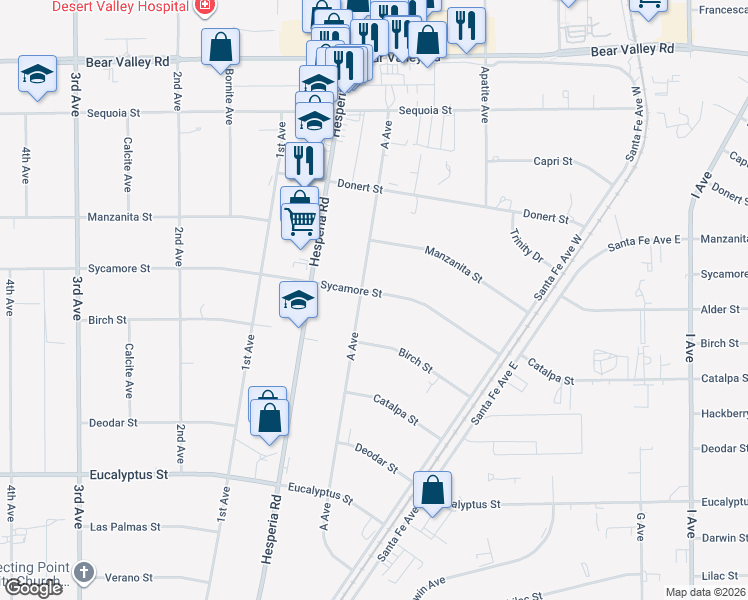 map of restaurants, bars, coffee shops, grocery stores, and more near 17079 Sycamore Street in Hesperia