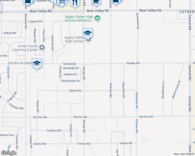 map of restaurants, bars, coffee shops, grocery stores, and more near 11599 Pawnee Road in Apple Valley
