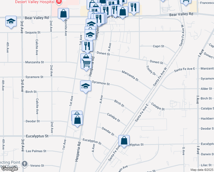 map of restaurants, bars, coffee shops, grocery stores, and more near 17079 Sycamore Street in Hesperia