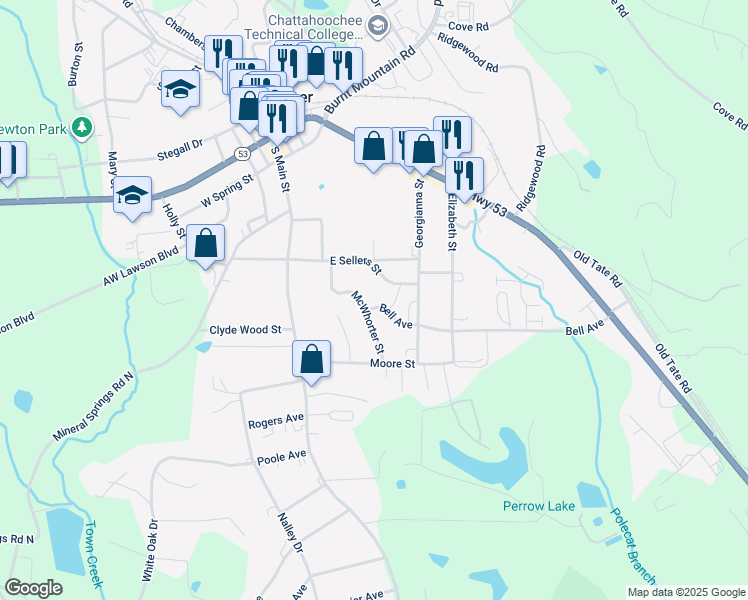 map of restaurants, bars, coffee shops, grocery stores, and more near 27 Bell Avenue in Jasper