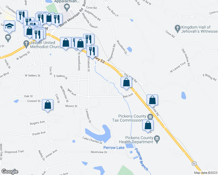 map of restaurants, bars, coffee shops, grocery stores, and more near Towne Villas Drive in Jasper