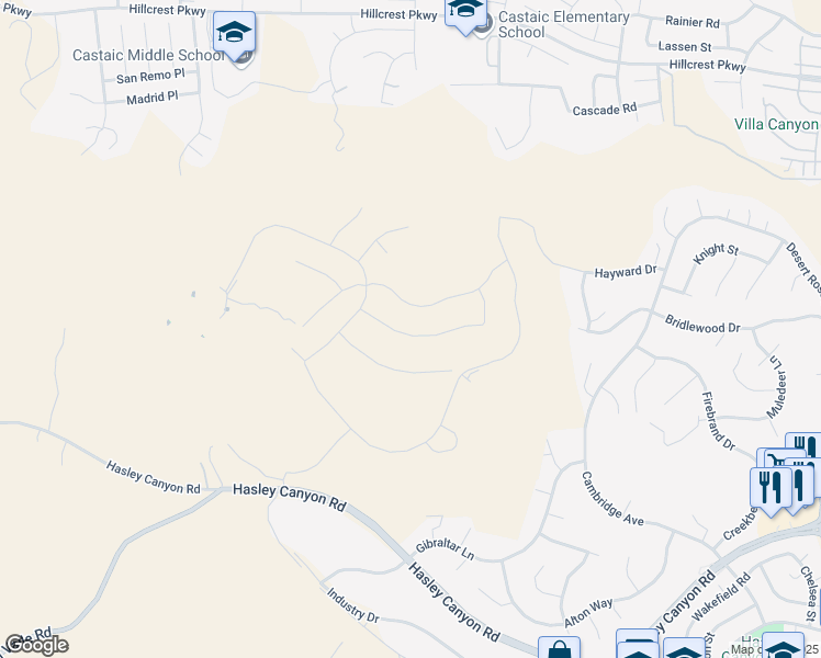 map of restaurants, bars, coffee shops, grocery stores, and more near 28541 Sunny Ridge Terrace in Castaic