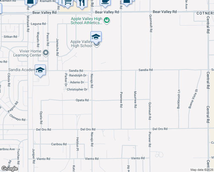 map of restaurants, bars, coffee shops, grocery stores, and more near 11599 Pawnee Road in Apple Valley