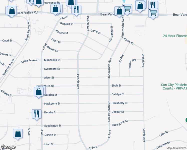 map of restaurants, bars, coffee shops, grocery stores, and more near 18106 Alder Street in Hesperia
