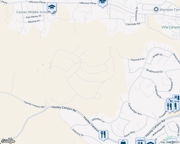 map of restaurants, bars, coffee shops, grocery stores, and more near 28541 Sunny Ridge Terrace in Castaic