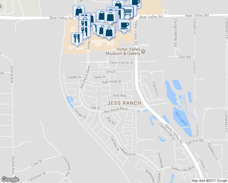 map of restaurants, bars, coffee shops, grocery stores, and more near 19239 Palo Verde Drive in Apple Valley