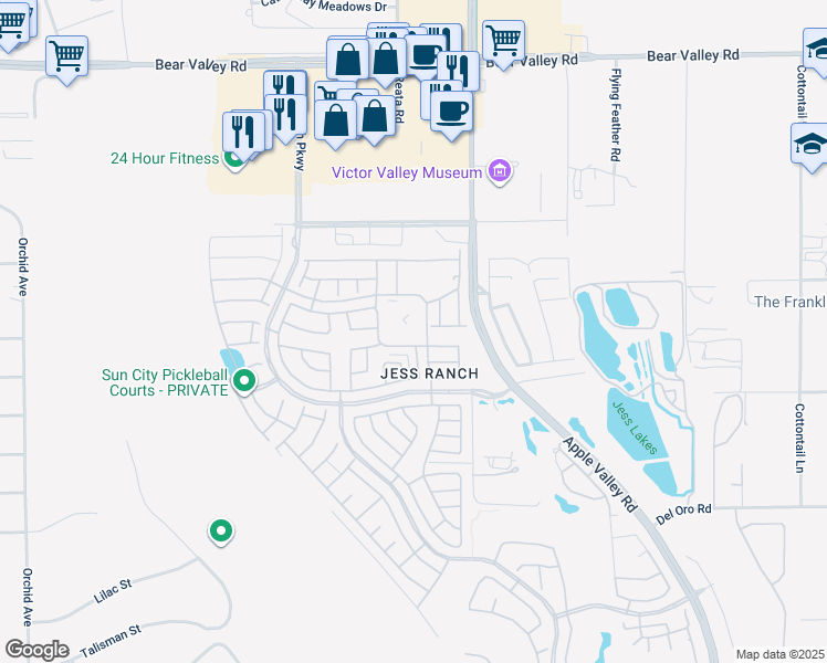 map of restaurants, bars, coffee shops, grocery stores, and more near 19267 Palo Verde Drive in Apple Valley