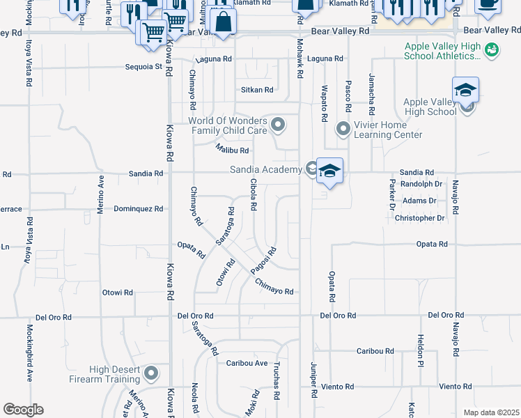 map of restaurants, bars, coffee shops, grocery stores, and more near 11595 Cibola Road in Apple Valley