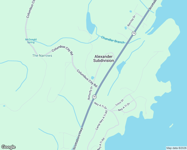 map of restaurants, bars, coffee shops, grocery stores, and more near 96 Columbus Lane in Guntersville