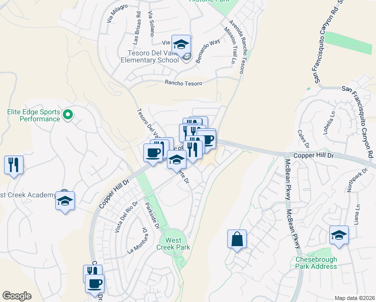 map of restaurants, bars, coffee shops, grocery stores, and more near 23892 Copper Hill Drive in Santa Clarita