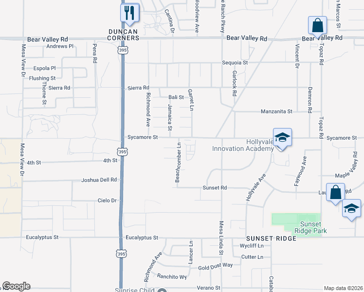 map of restaurants, bars, coffee shops, grocery stores, and more near 11671 Beachcomber Lane in Victorville
