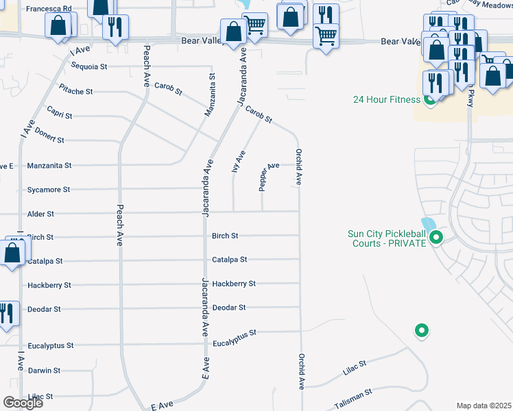 map of restaurants, bars, coffee shops, grocery stores, and more near 11628 Pepper Avenue in Hesperia